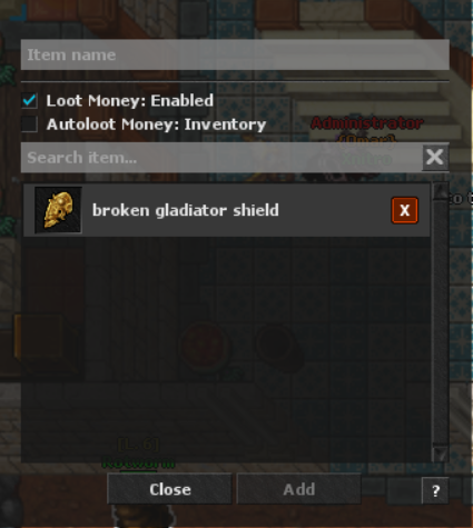 Auto Loot management window and money settings