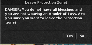 Protection-zone exit warning for a character without full blessings or Amulet of Loss
