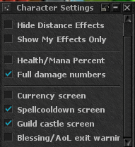 All options in the Character Settings window