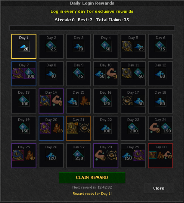Daily Login Rewards 30-day calendar