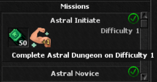 Completed Astral Dungeon missions with green check marks