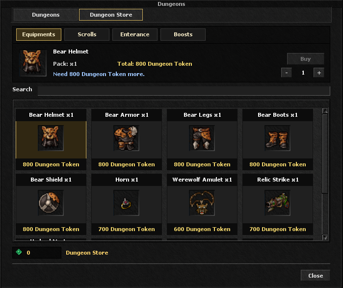 Dungeon Store equipment category and Dungeon Token balance