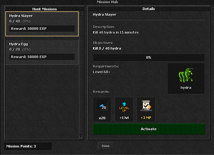 Mission Hub showing a Hydra mission, requirements and rewards