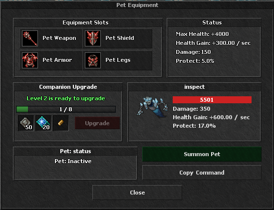 Pet Equipment window with equipment slots, progression and summon controls