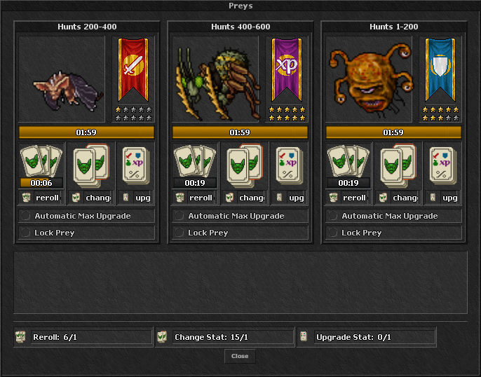 Prey module with slots, hunt area and monster choices