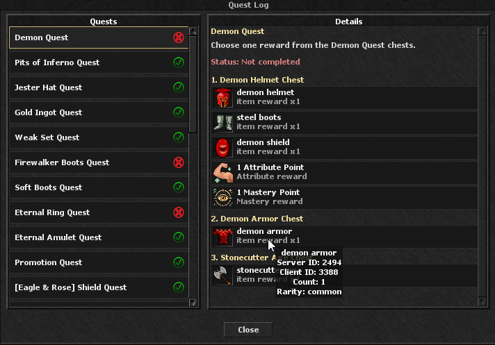 Quest Log showing completed and incomplete quests with rewards