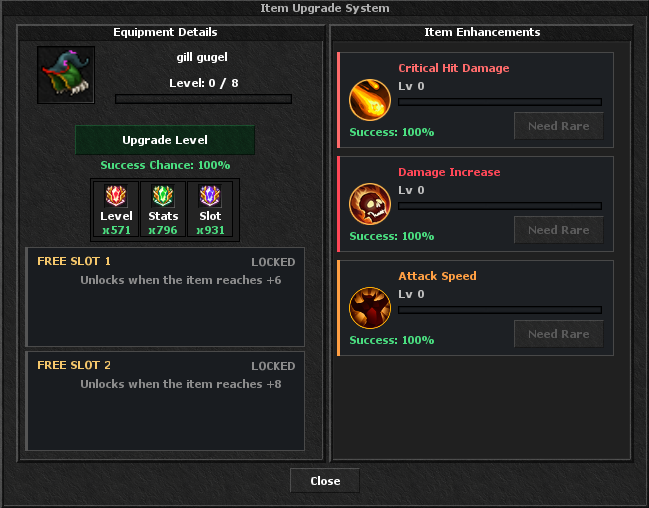 Item Upgrade System module at level zero