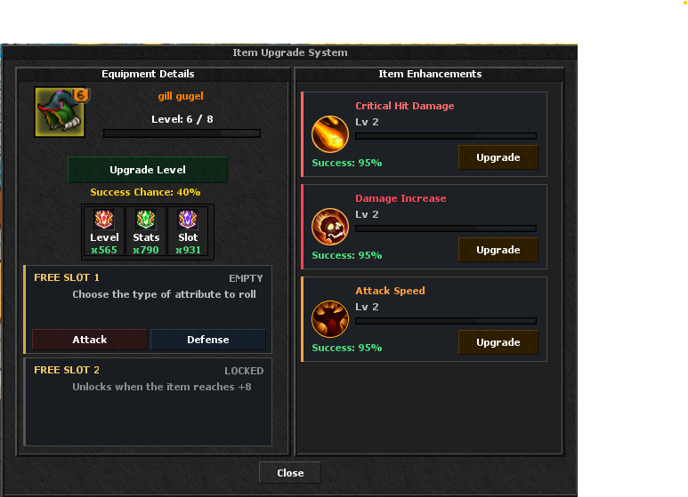 Attack and Defense choices for the first free attribute slot at level six